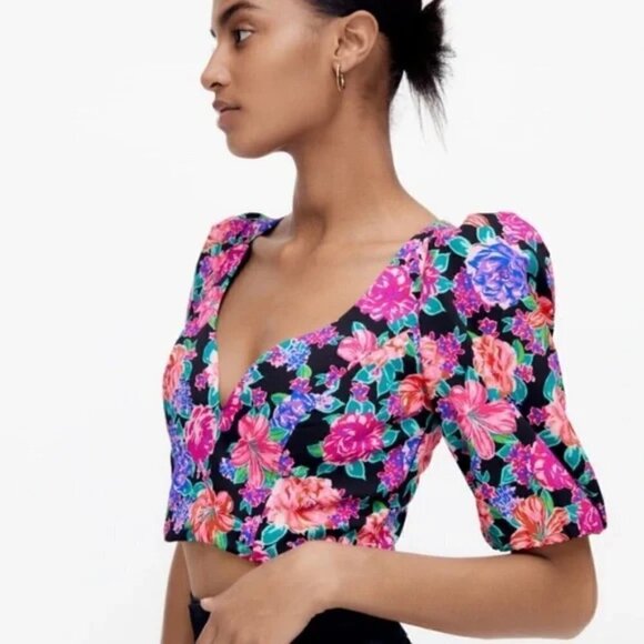 New Zara Floral Print Sweetheart Neckline Short Puff Sleeves Crop Top NWT XS - Picture 7 of 16